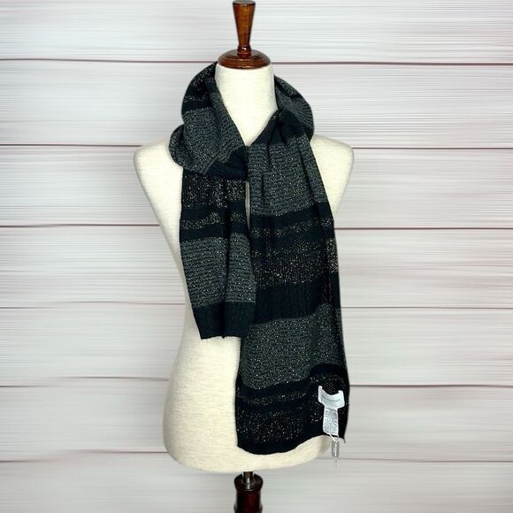 NWOT Eric Bompard Cashmere Long Scarf Knit Black and Silver 74x10” - Picture 1 of 9